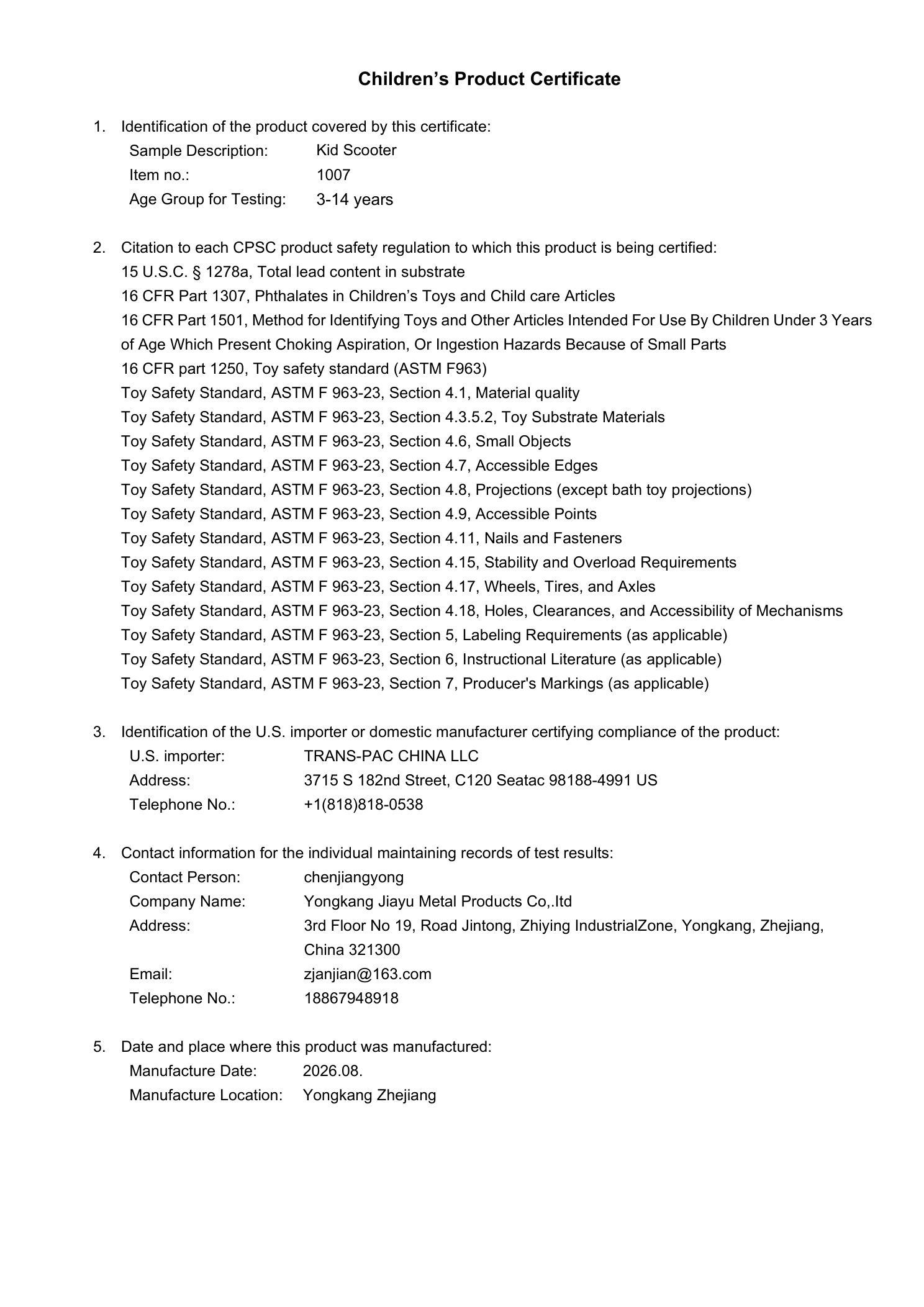 Model 1007 CPC certificate