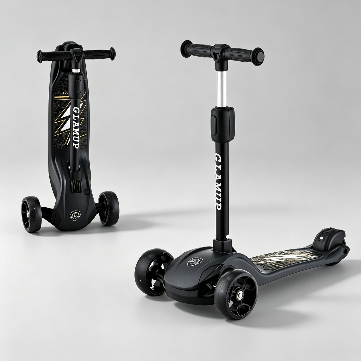 Black foldable kids scooter shown folded and unfolded