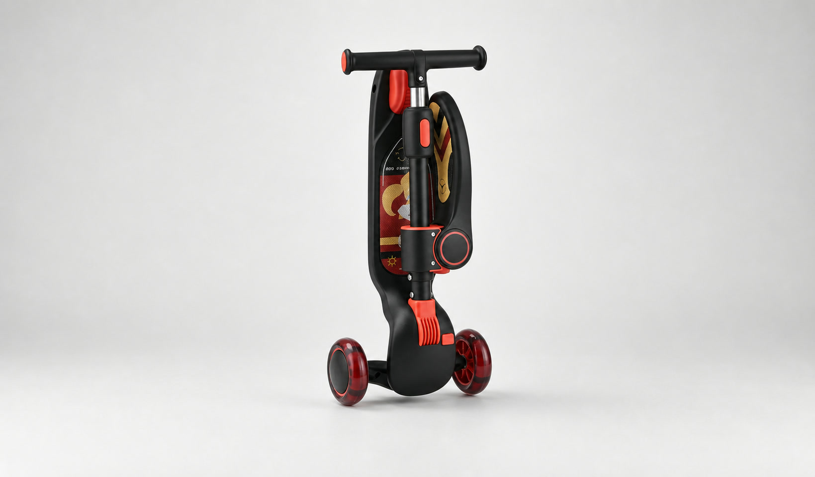 Black and red foldable kids scooter shown fully folded with complete handlebar and wheels