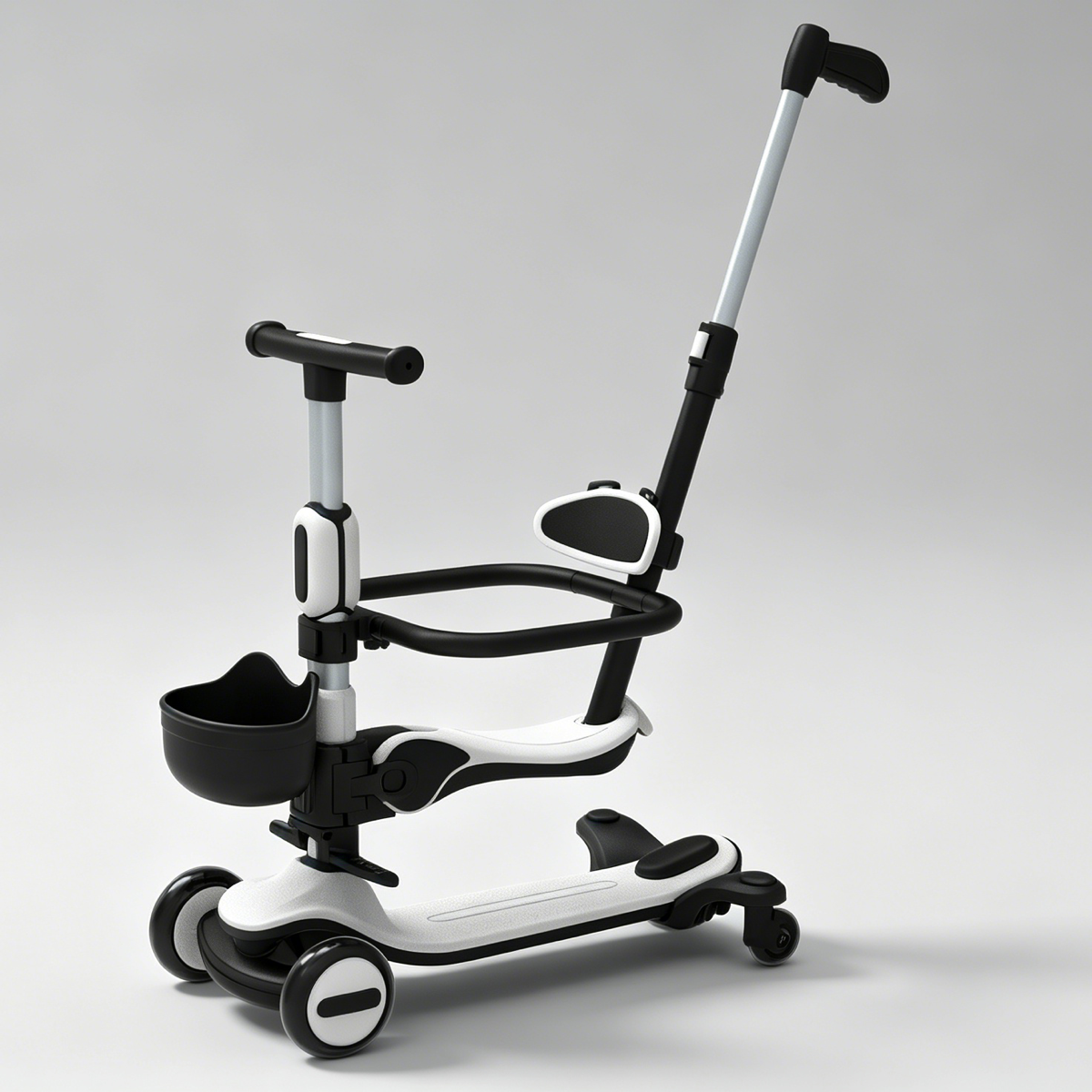 Kids scooter with safety rail, seat and push bar accessories