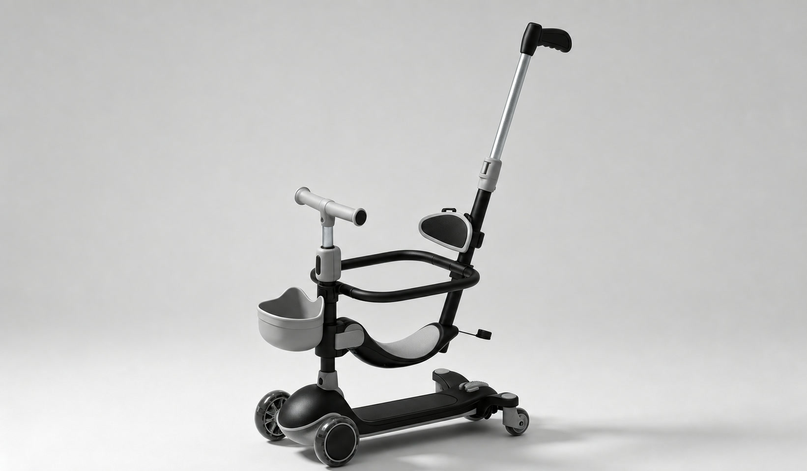 Kids scooter with seat, safety rail, basket, and parent push handle