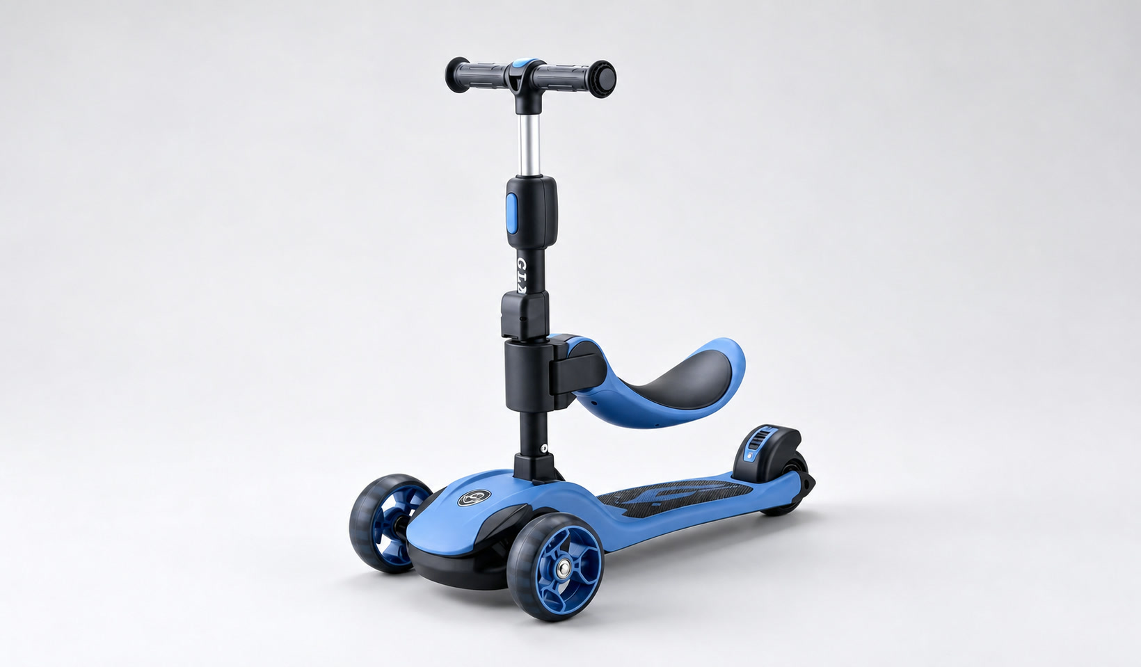Blue seat-mode kids scooter with full handlebar, seat, deck, brake, and wheels